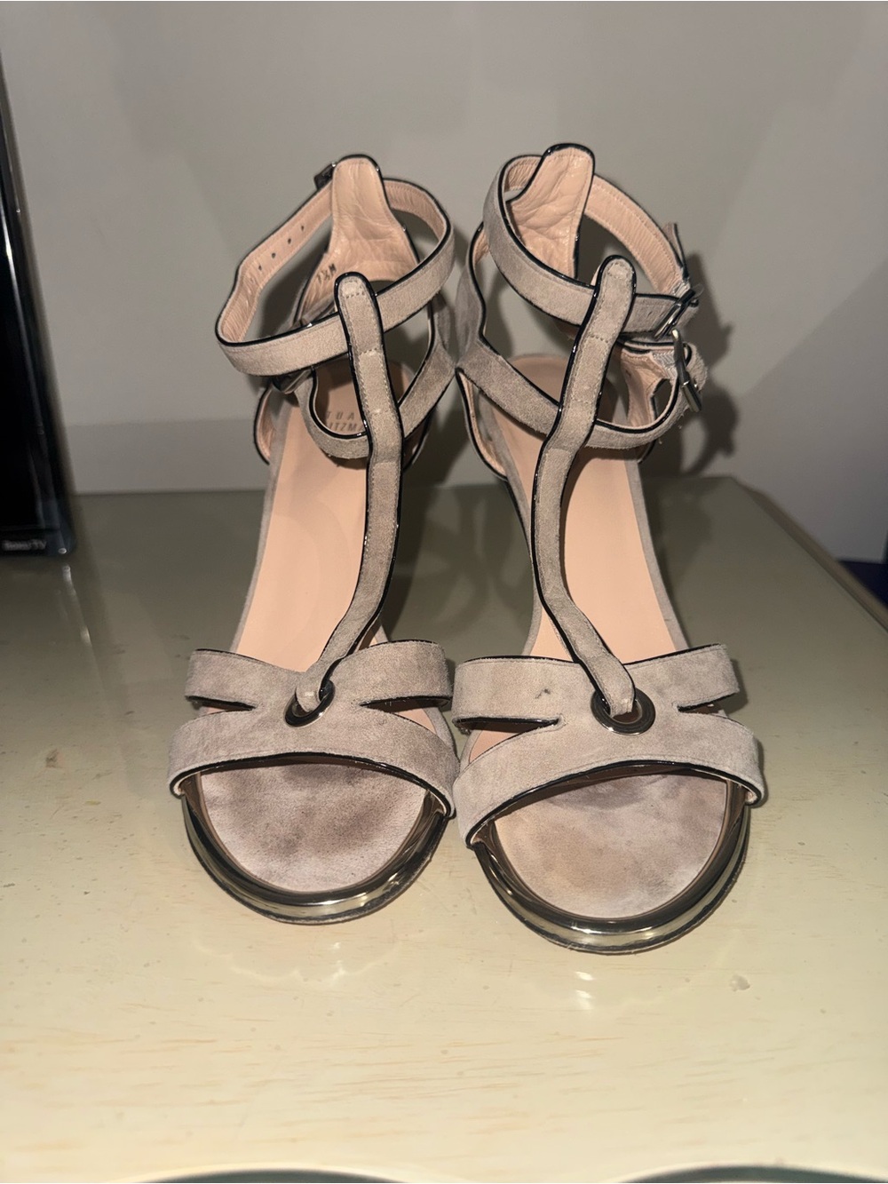 Stuart Weitzman Taupe Suede T-Strap Heeled Sandals